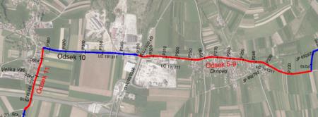 Od začetka Velike vasi čez avtocestni nadvoz, od krožišča Drnovo do Velike vasi in čez naselje Drnovo do krožišča pri podjetju Grieshaber.
